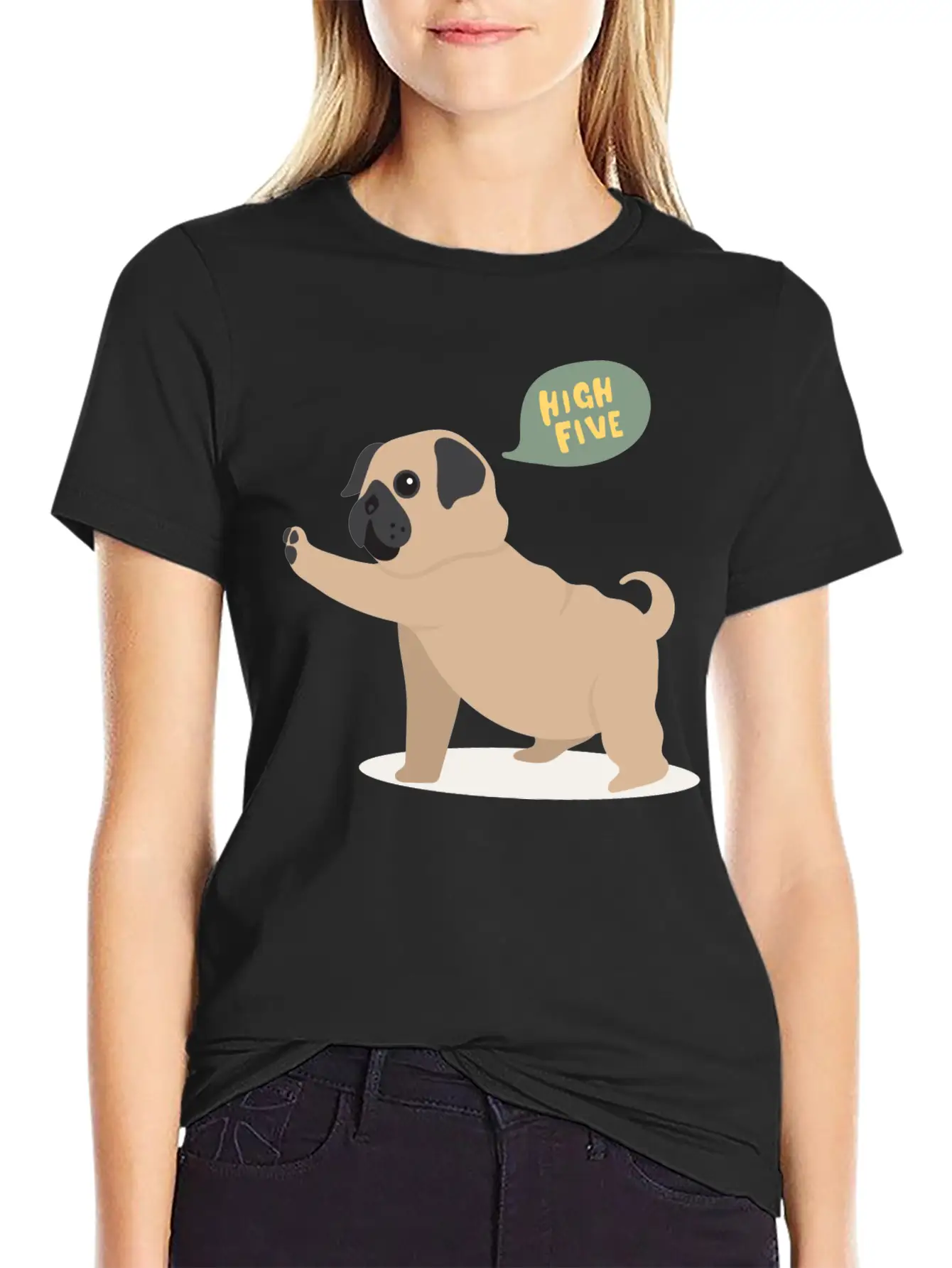 High Five Pug Dog Funny Cute Cartoon Gift Unisex Short Sleeve Soft Cotton T-Shirt – Casual Everyday Wear
