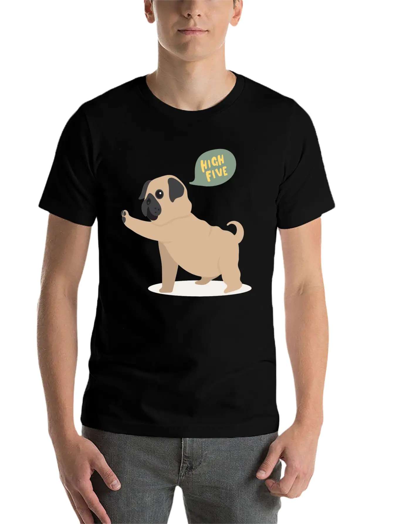High Five Pug Dog Funny Cute Cartoon Gift Unisex Short Sleeve Soft Cotton T-Shirt – Casual Everyday Wear