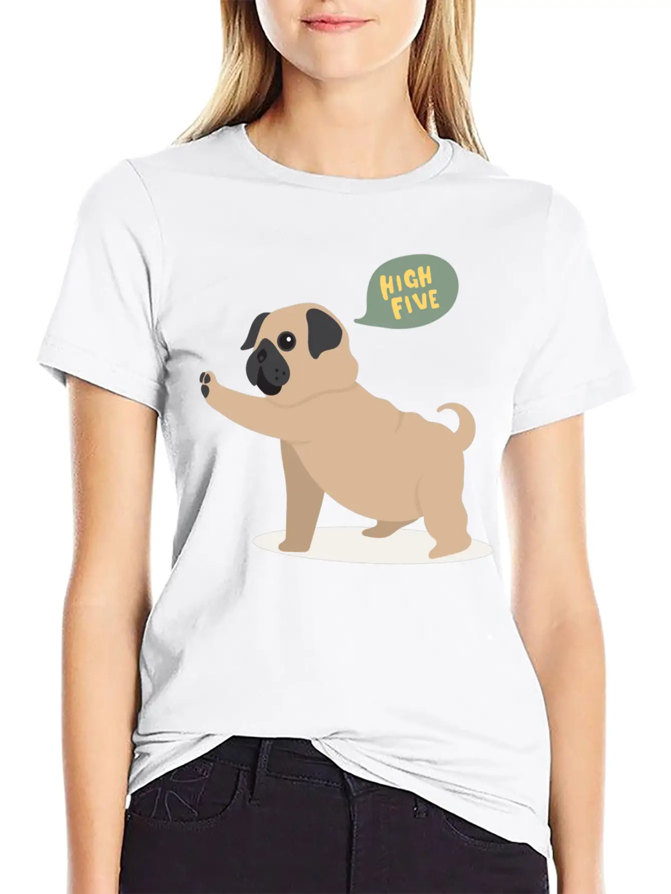 High Five Pug Dog Funny Cute Cartoon Gift Unisex Short Sleeve Soft Cotton T-Shirt – Casual Everyday Wear