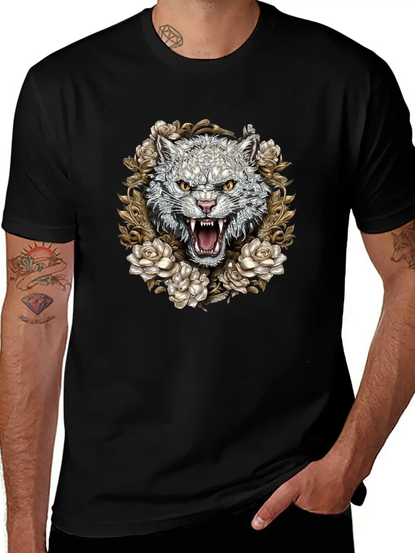 Hissing Cat Among Roses Stylish Everyday T-Shirt – Unisex Basic Cotton Tee