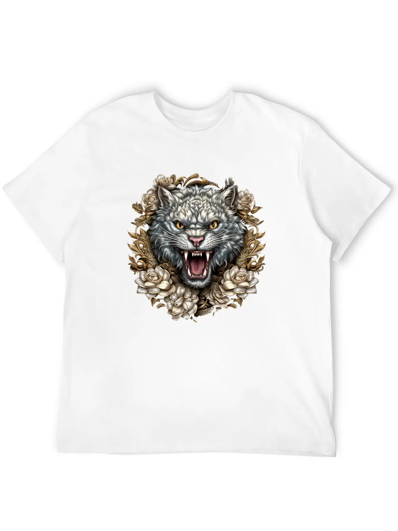 Hissing Cat Among Roses Stylish Everyday T-Shirt – Unisex Basic Cotton Tee