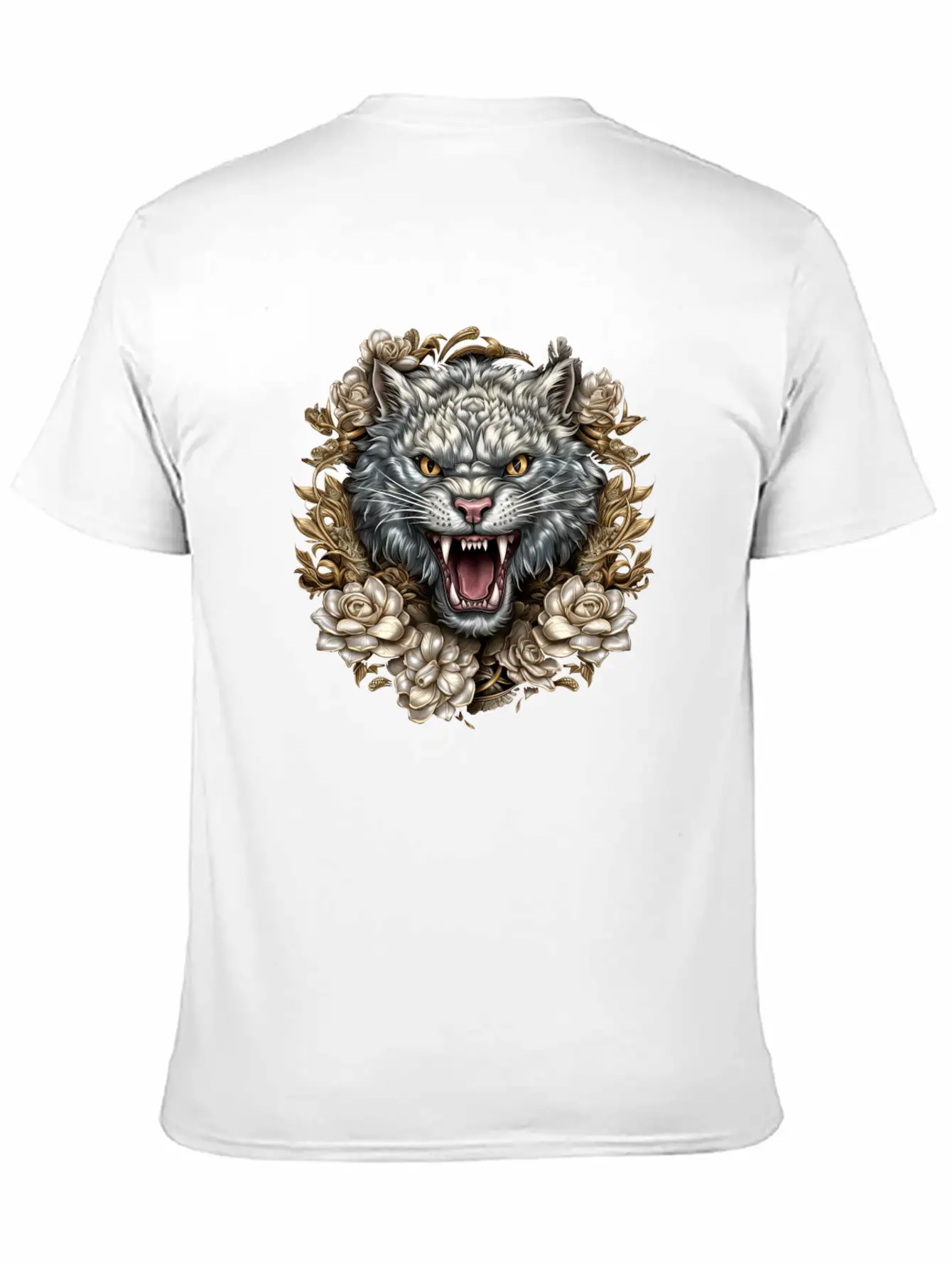 Hissing Cat Among Roses Stylish Everyday T-Shirt – Unisex Basic Cotton Tee