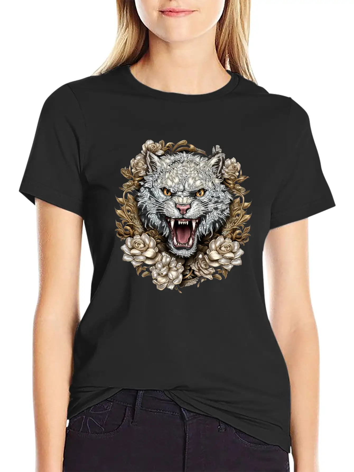 Hissing Cat Among Roses Stylish Everyday T-Shirt – Unisex Basic Cotton Tee