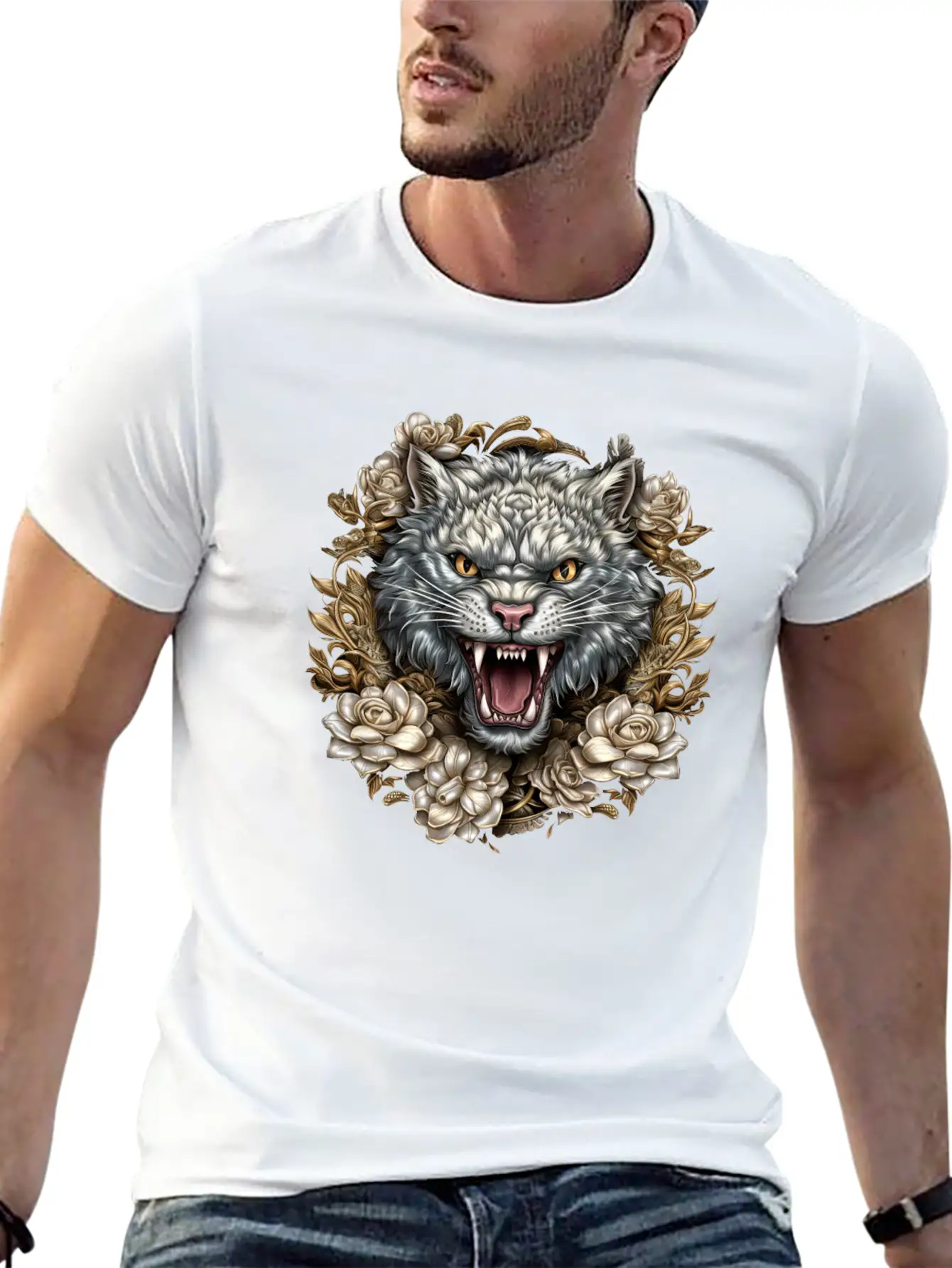 Hissing Cat Among Roses Stylish Everyday T-Shirt – Unisex Basic Cotton Tee