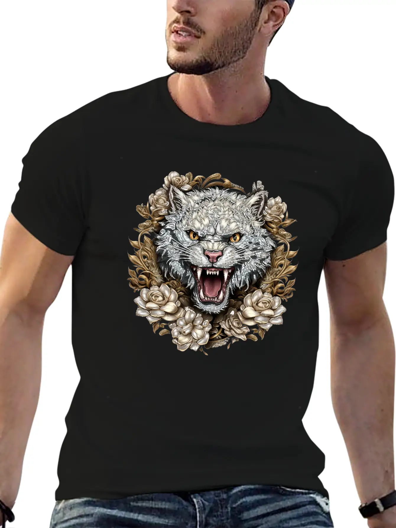 Hissing Cat Among Roses Stylish Everyday T-Shirt – Unisex Basic Cotton Tee