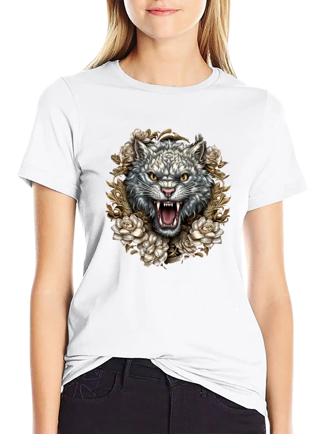 Hissing Cat Among Roses Stylish Everyday T-Shirt – Unisex Basic Cotton Tee