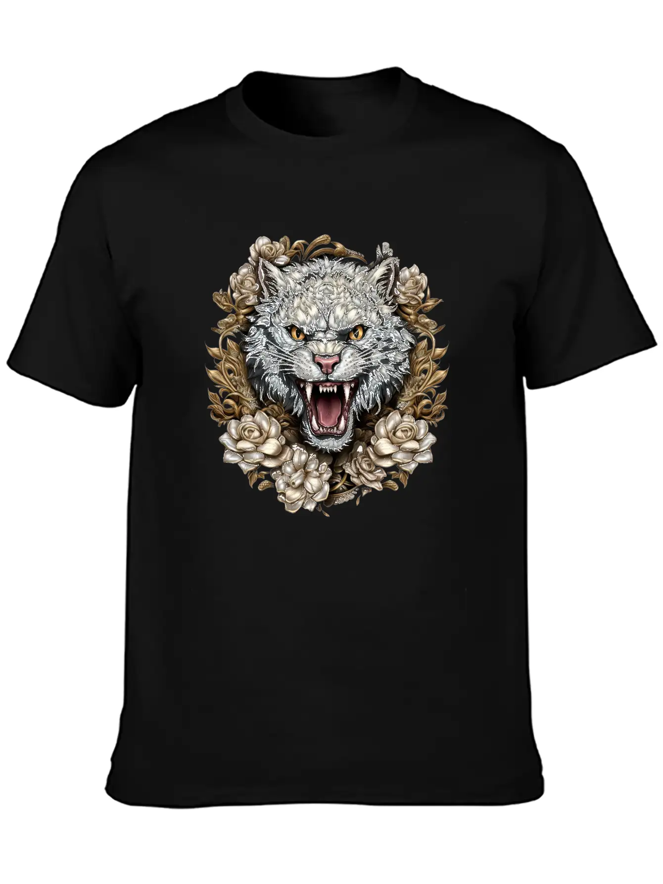 Hissing Cat Among Roses Stylish Everyday T-Shirt – Unisex Basic Cotton Tee
