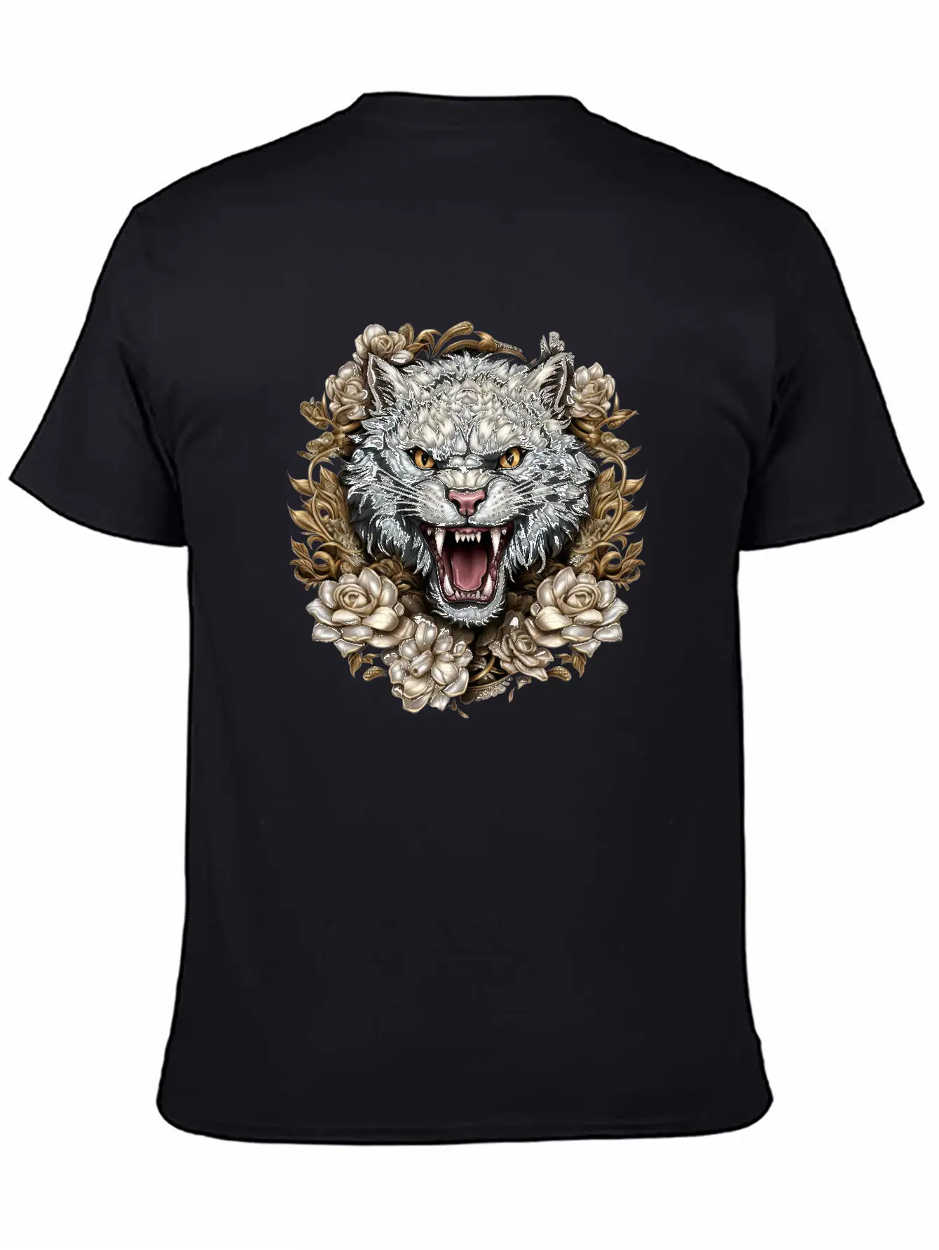 Hissing Cat Among Roses Stylish Everyday T-Shirt – Unisex Basic Cotton Tee