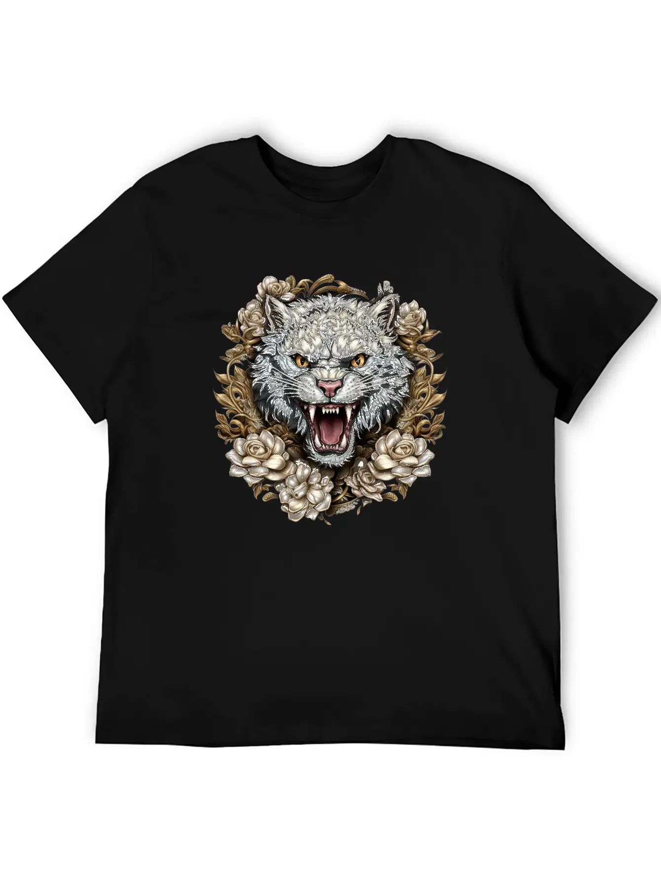 Hissing Cat Among Roses Stylish Everyday T-Shirt – Unisex Basic Cotton Tee