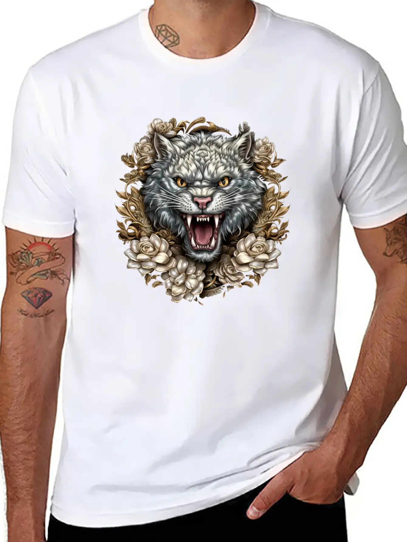 Hissing Cat Among Roses Stylish Everyday T-Shirt – Unisex Basic Cotton Tee