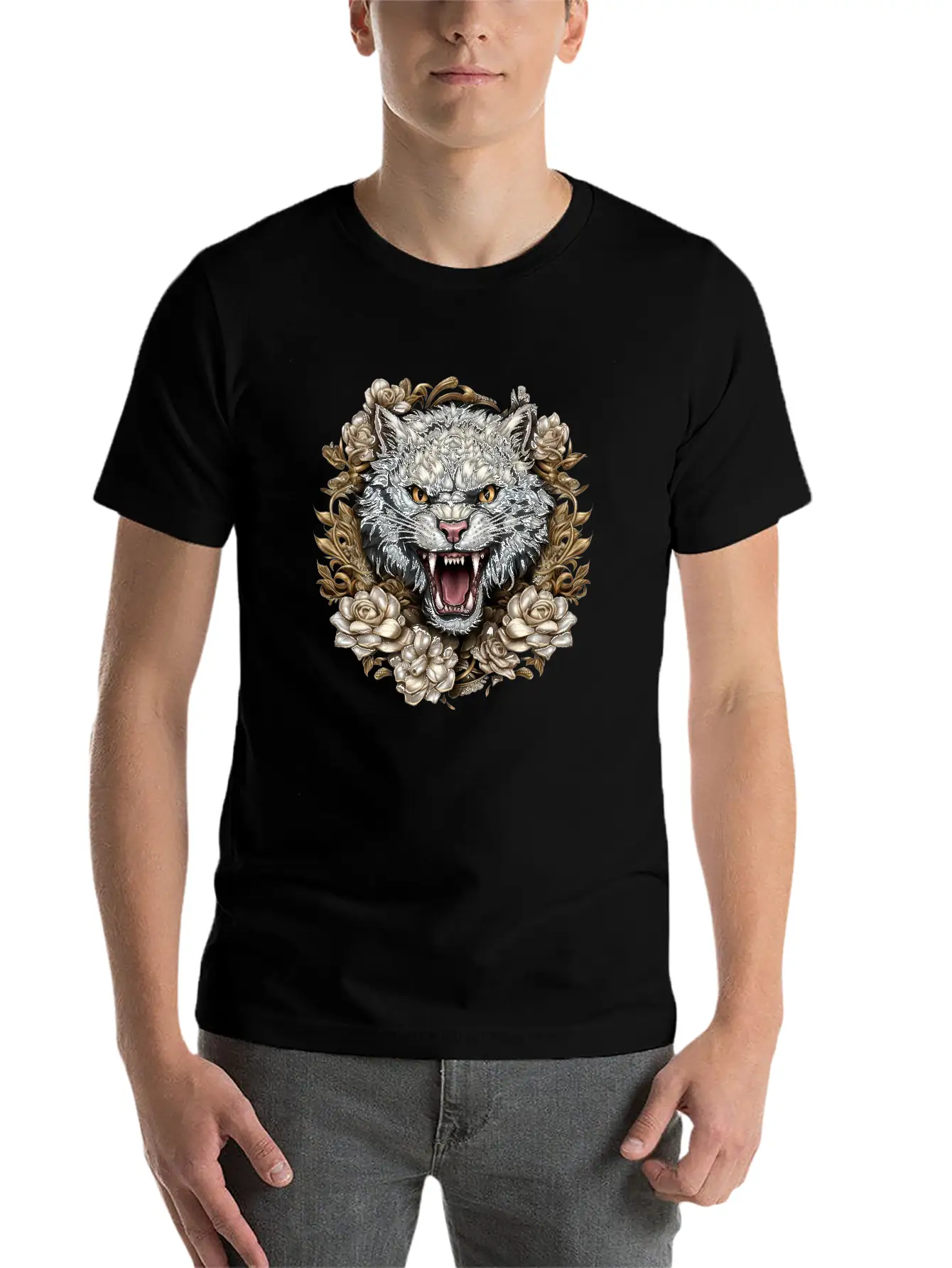 Hissing Cat Among Roses Stylish Everyday T-Shirt – Unisex Basic Cotton Tee
