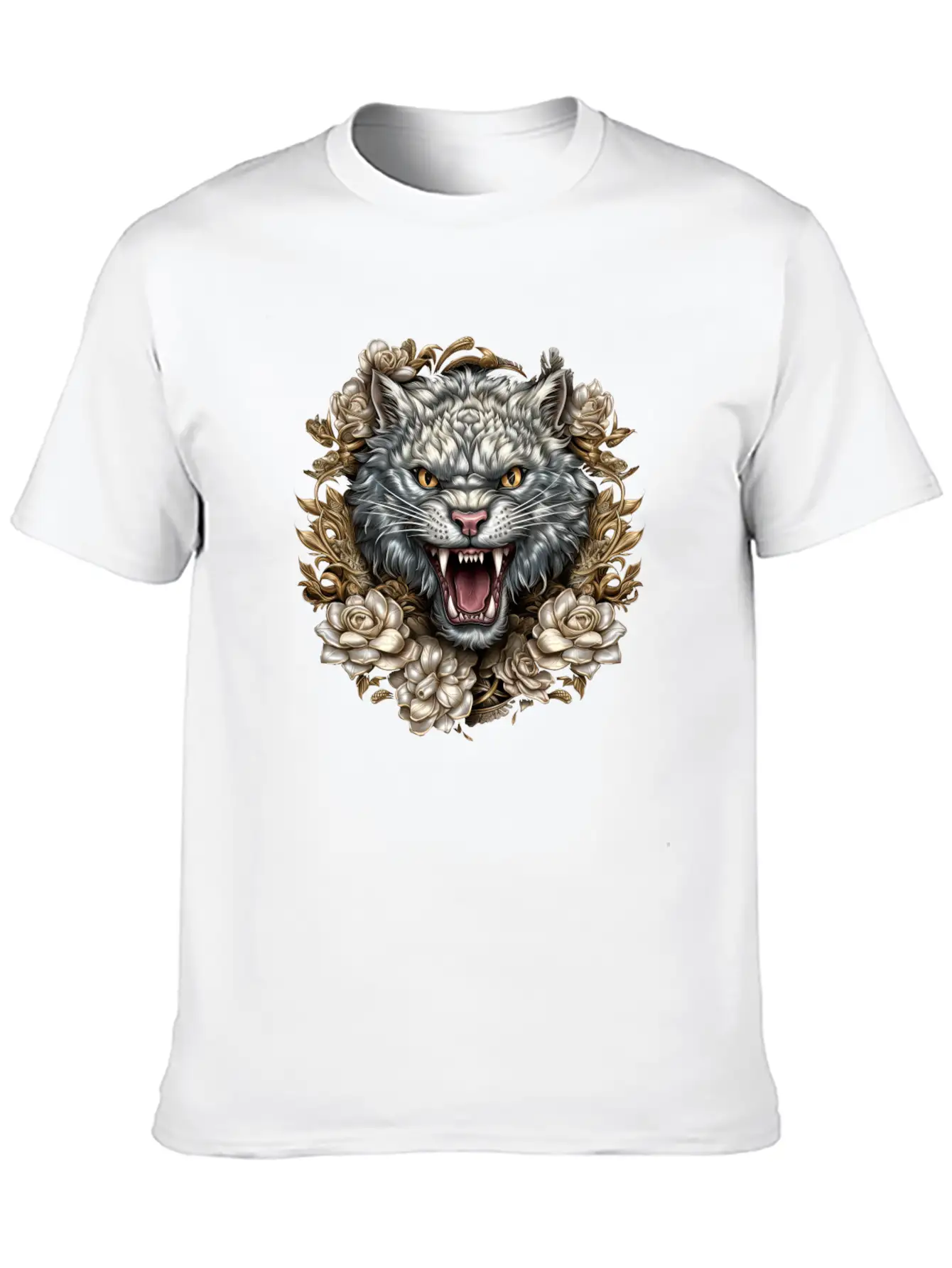 Hissing Cat Among Roses Stylish Everyday T-Shirt – Unisex Basic Cotton Tee