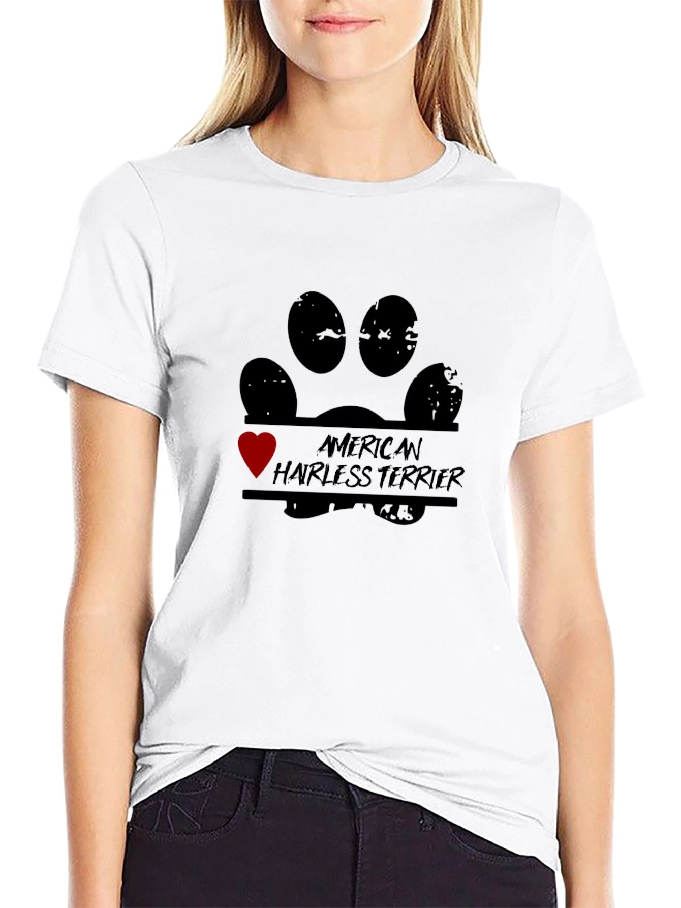 American Hairless Terrier Paw Print Heart T-Shirt