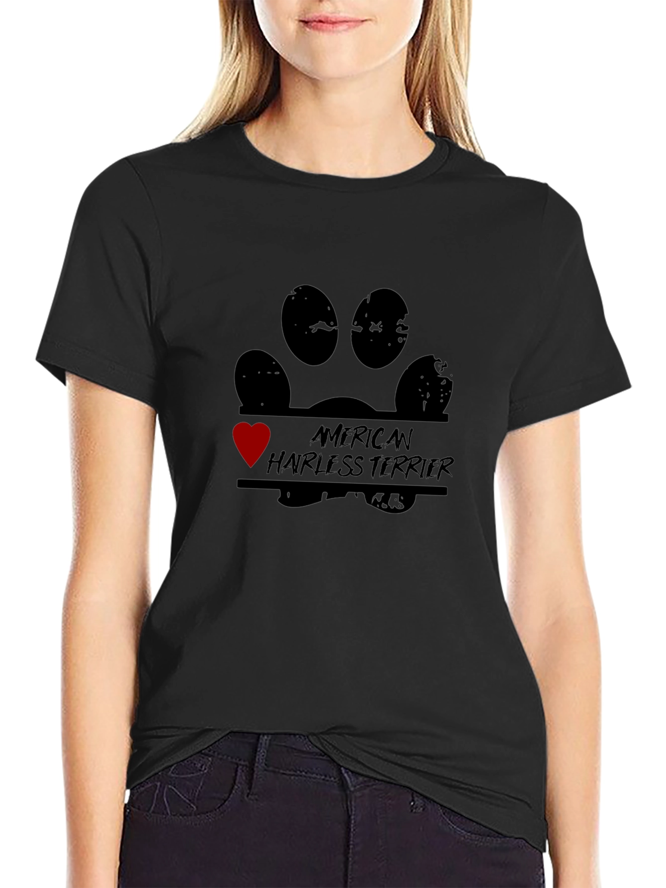 American Hairless Terrier Paw Print Heart T-Shirt