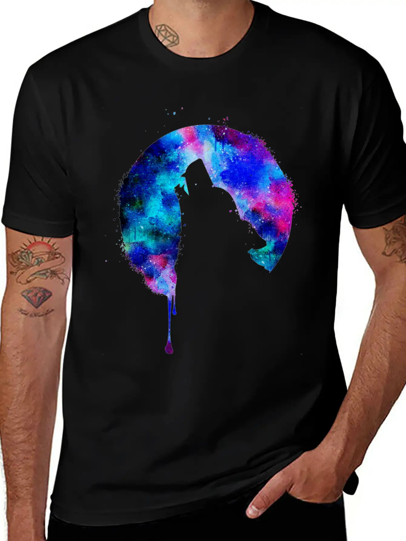 Howling Wolf Watercolor Space Drips Galaxy Gift Basic Graphic T-Shirt – Daily Comfort In Soft Cotton
