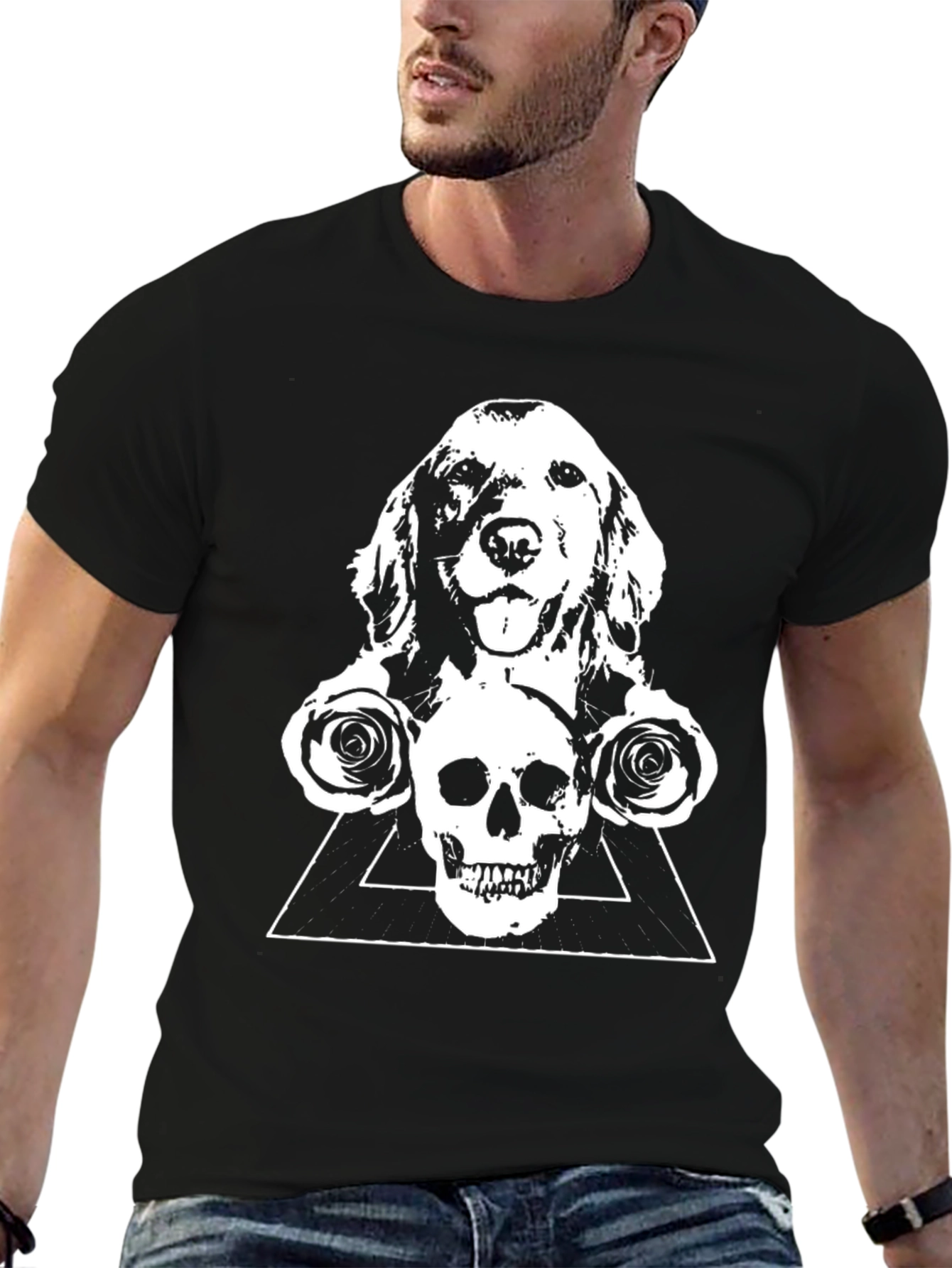 Dog Skull & Rose Graphic Tee - Black