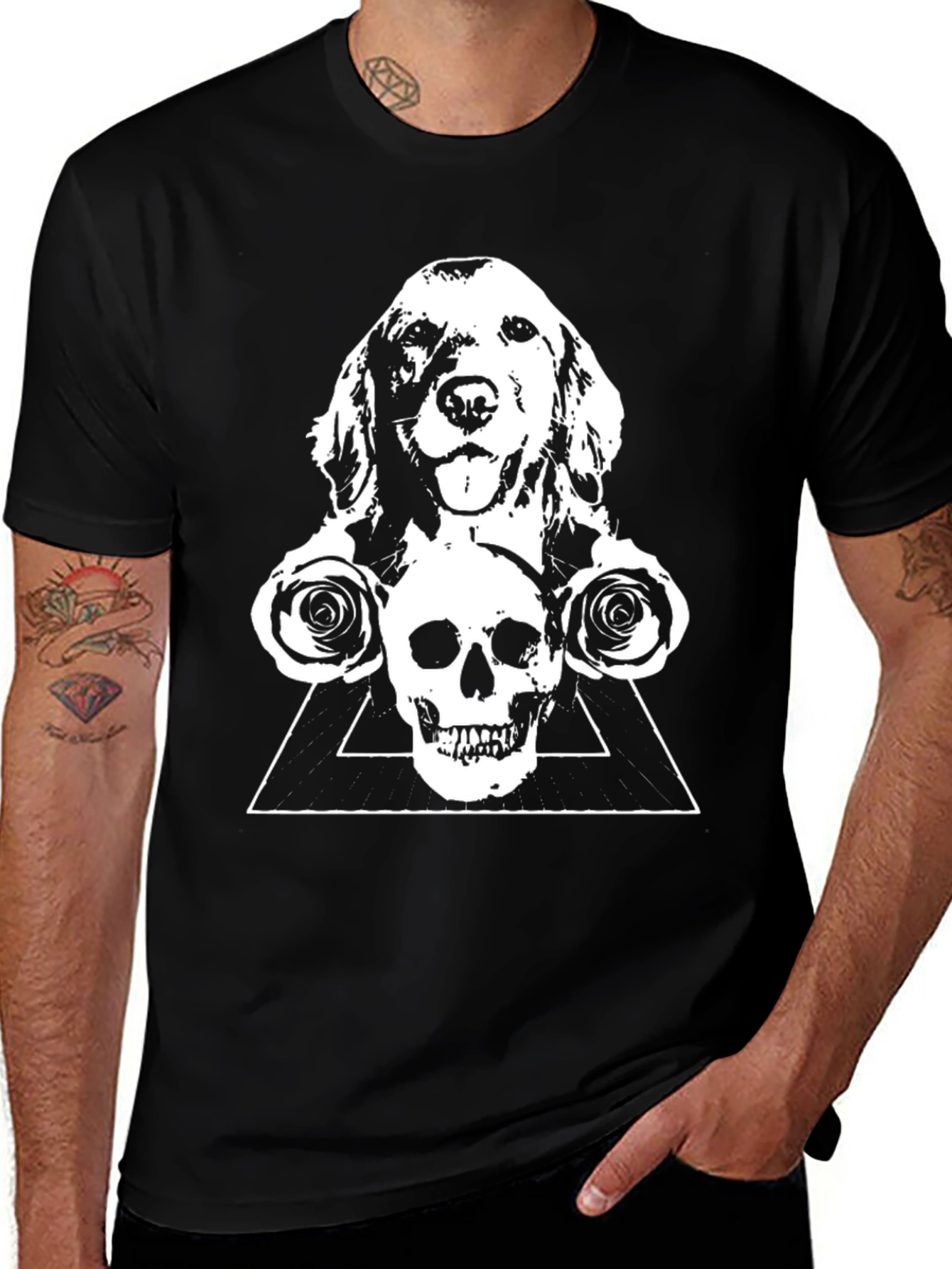 Dog Skull & Rose Graphic Tee - Black