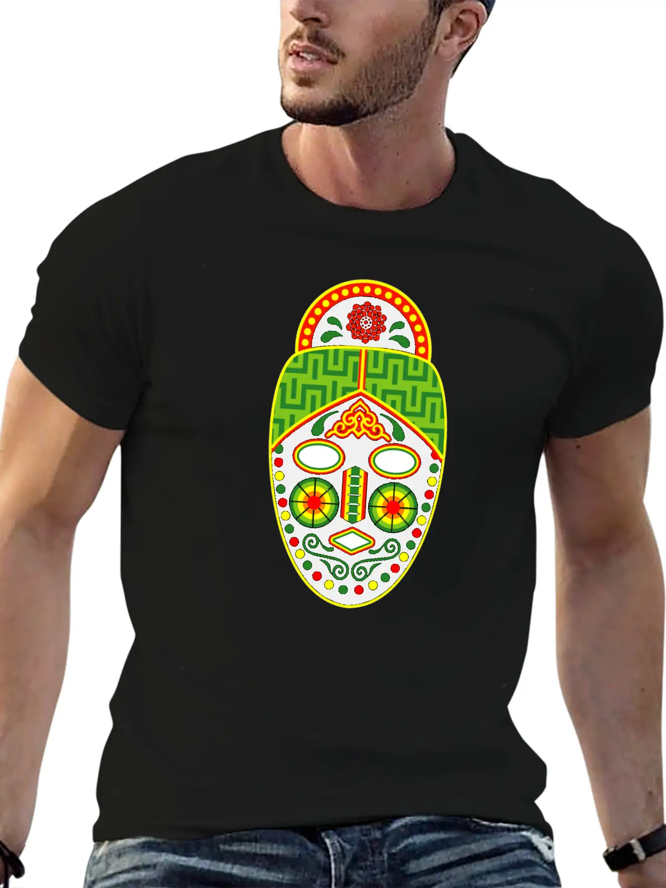 Huichol Mask Unisex Short Sleeve Soft Cotton T-Shirt – Casual Everyday Wear