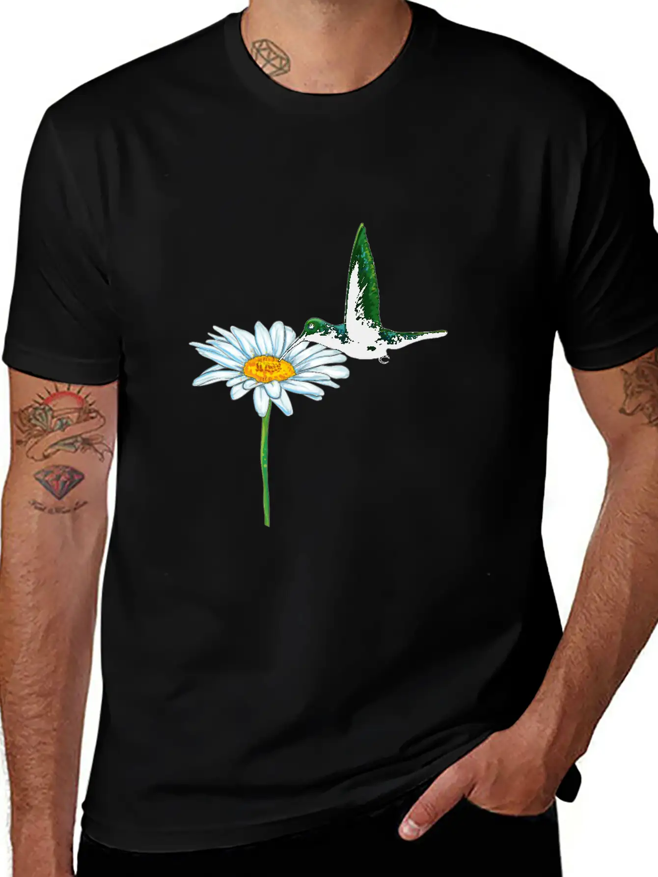 Hummingbird Bird Daisy Motif Stylish Everyday T-Shirt – Unisex Basic Cotton Tee