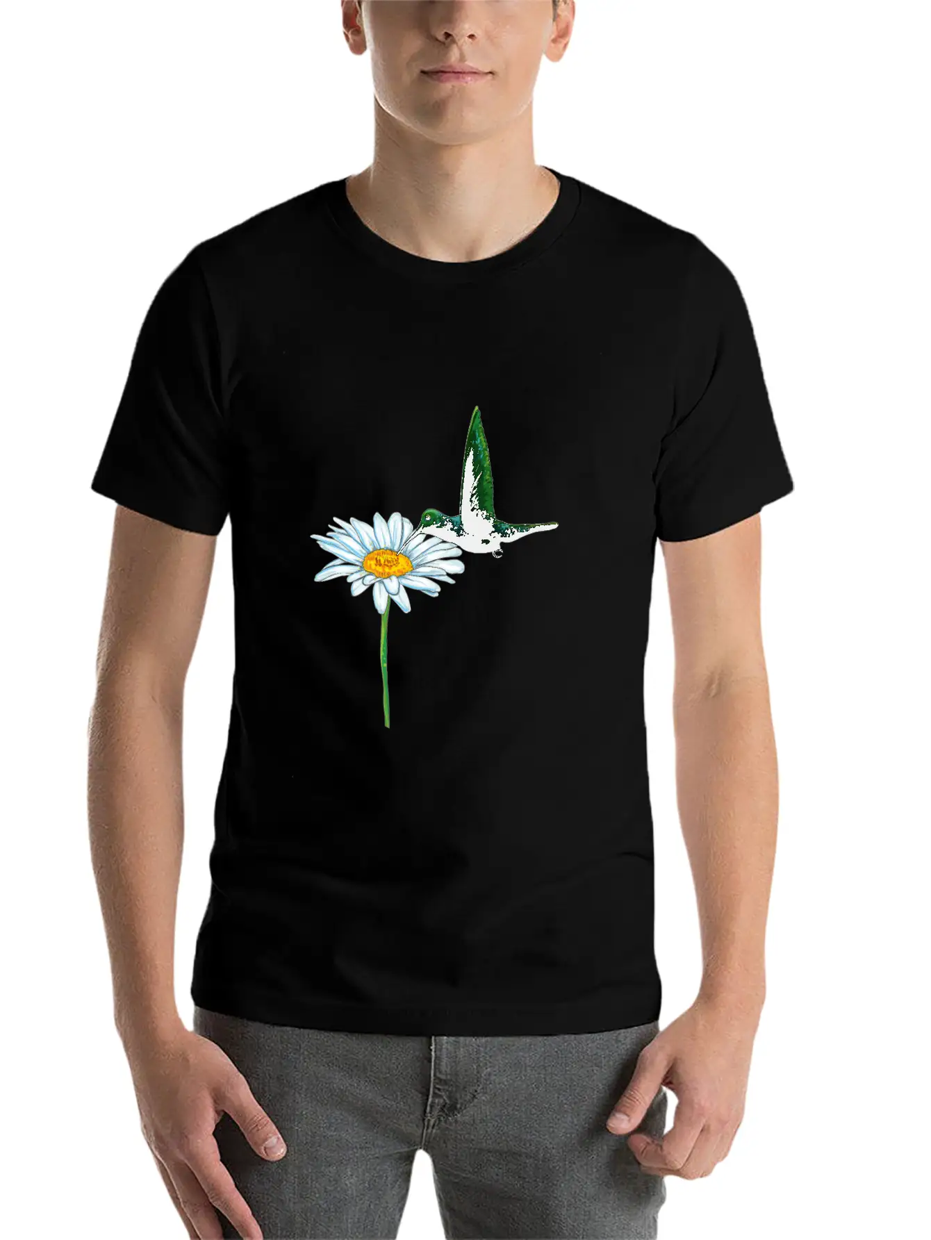 Hummingbird Bird Daisy Motif Stylish Everyday T-Shirt – Unisex Basic Cotton Tee