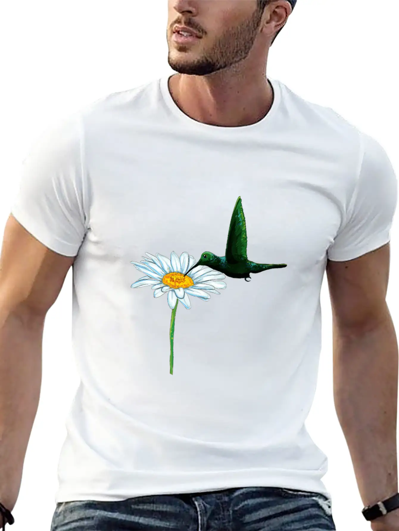 Hummingbird Bird Daisy Motif Stylish Everyday T-Shirt – Unisex Basic Cotton Tee