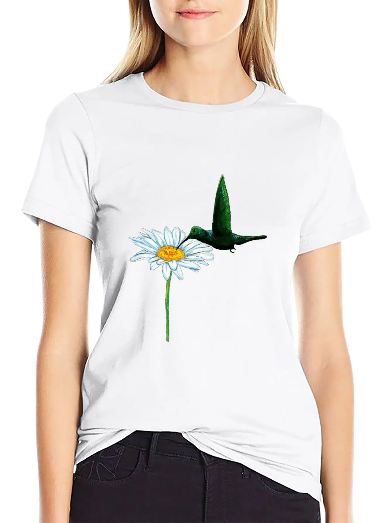 Hummingbird Bird Daisy Motif Stylish Everyday T-Shirt – Unisex Basic Cotton Tee