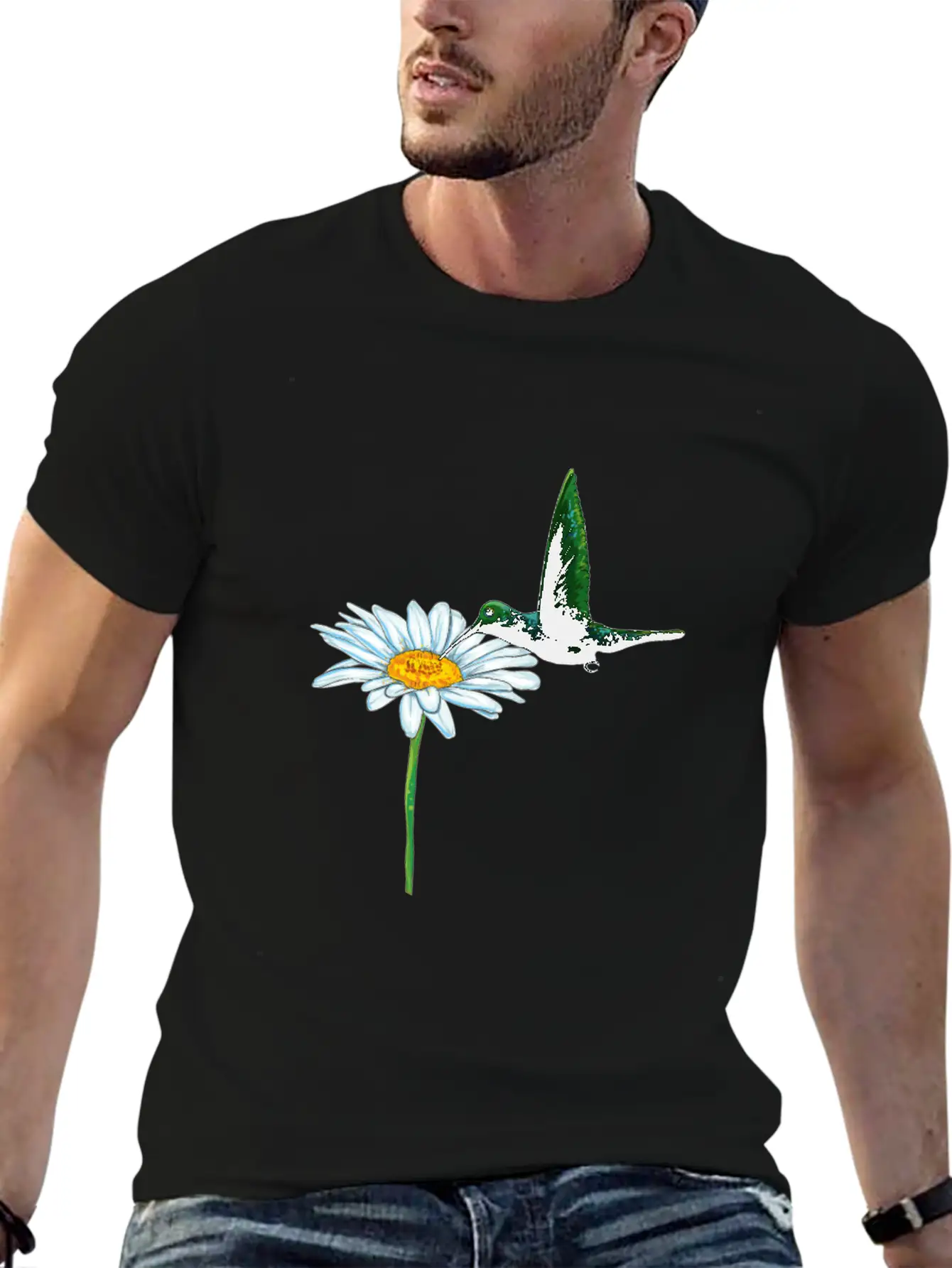 Hummingbird Bird Daisy Motif Stylish Everyday T-Shirt – Unisex Basic Cotton Tee