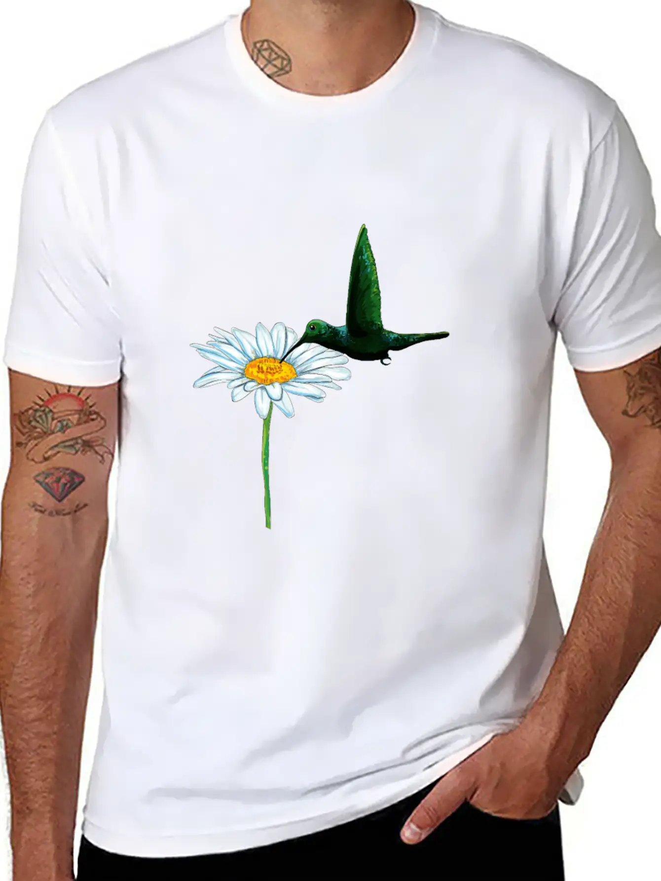 Hummingbird Bird Daisy Motif Stylish Everyday T-Shirt – Unisex Basic Cotton Tee