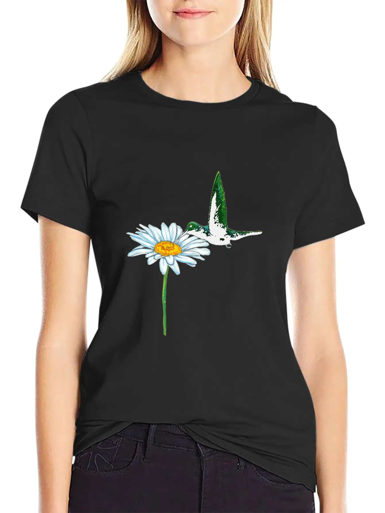 Hummingbird Bird Daisy Motif Stylish Everyday T-Shirt – Unisex Basic Cotton Tee