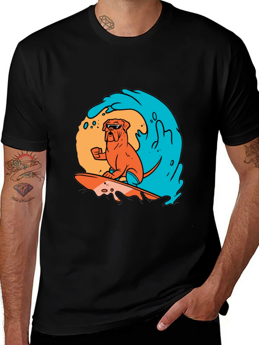 Surfing Dog Graphic Tee - Black Cotton T-Shirt