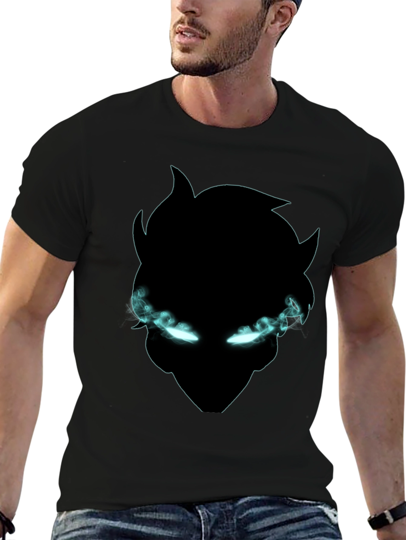 Black Graphic Tee: Mystical Glowing Eyes Design