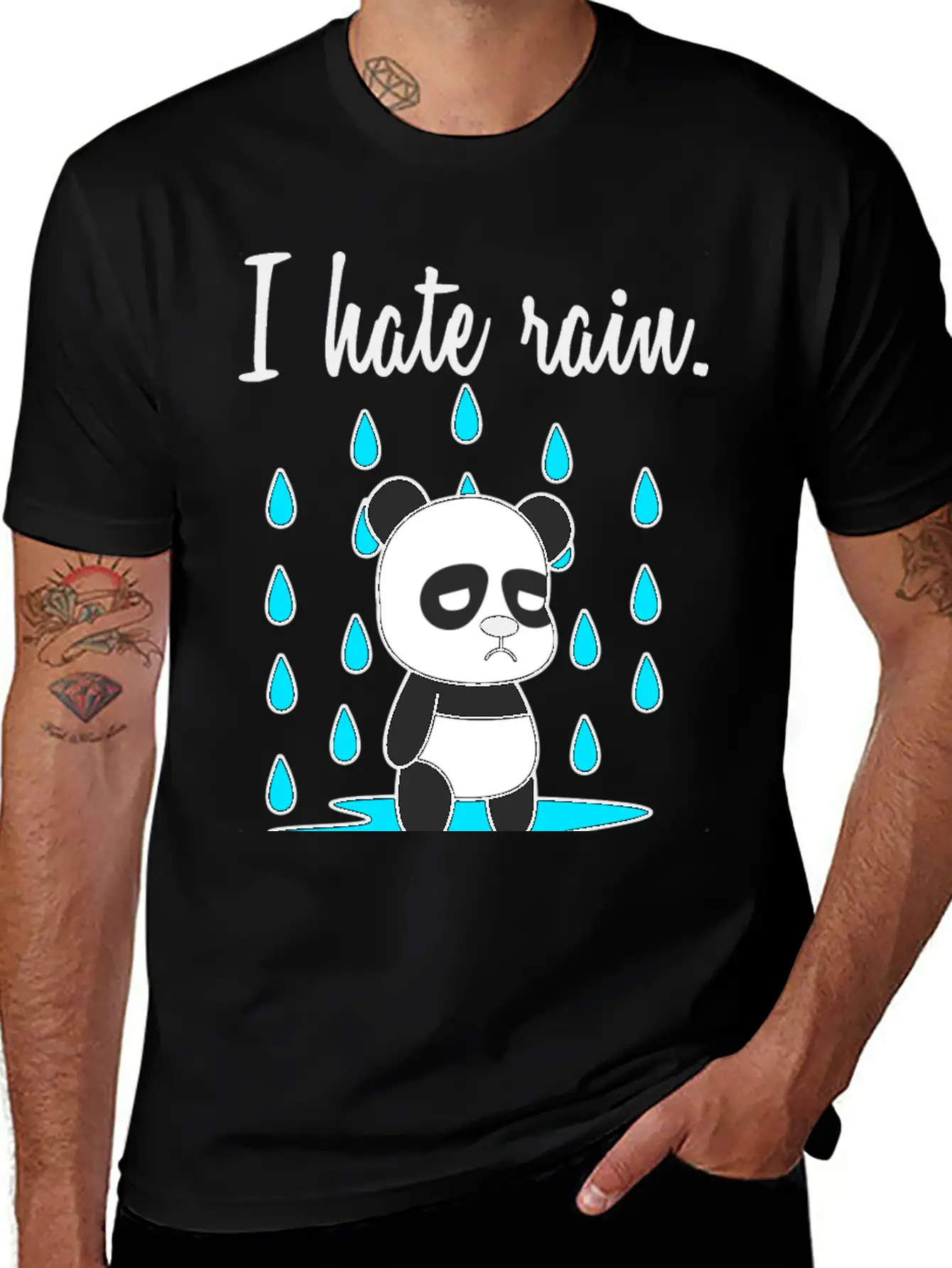 I Hate Rain. Panda Unisex Short Sleeve Soft Cotton T-Shirt – Casual Everyday Wear