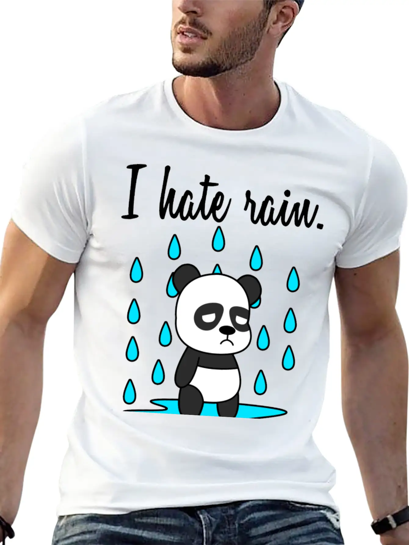 I Hate Rain. Panda Unisex Short Sleeve Soft Cotton T-Shirt – Casual Everyday Wear