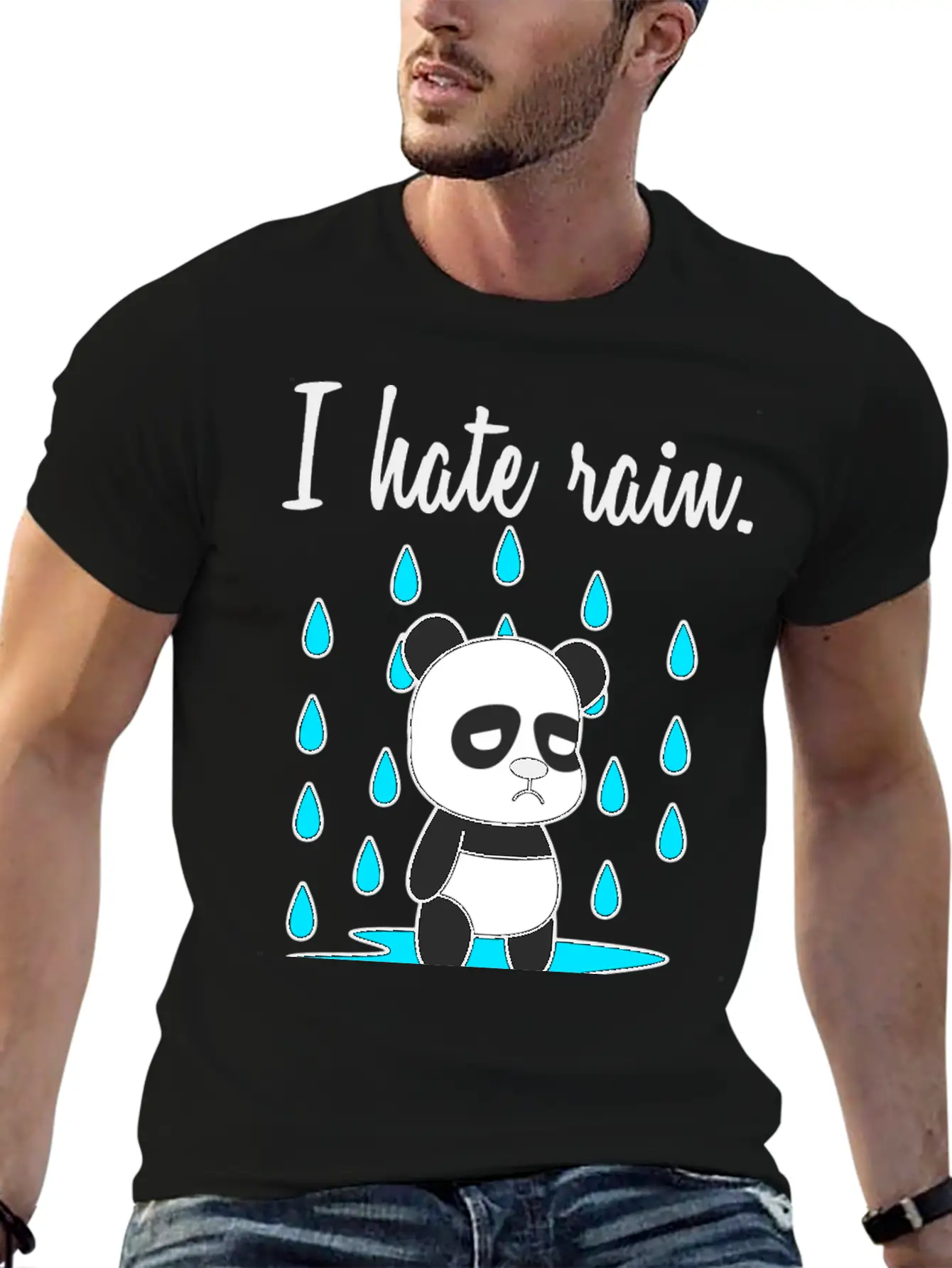 I Hate Rain. Panda Unisex Short Sleeve Soft Cotton T-Shirt – Casual Everyday Wear