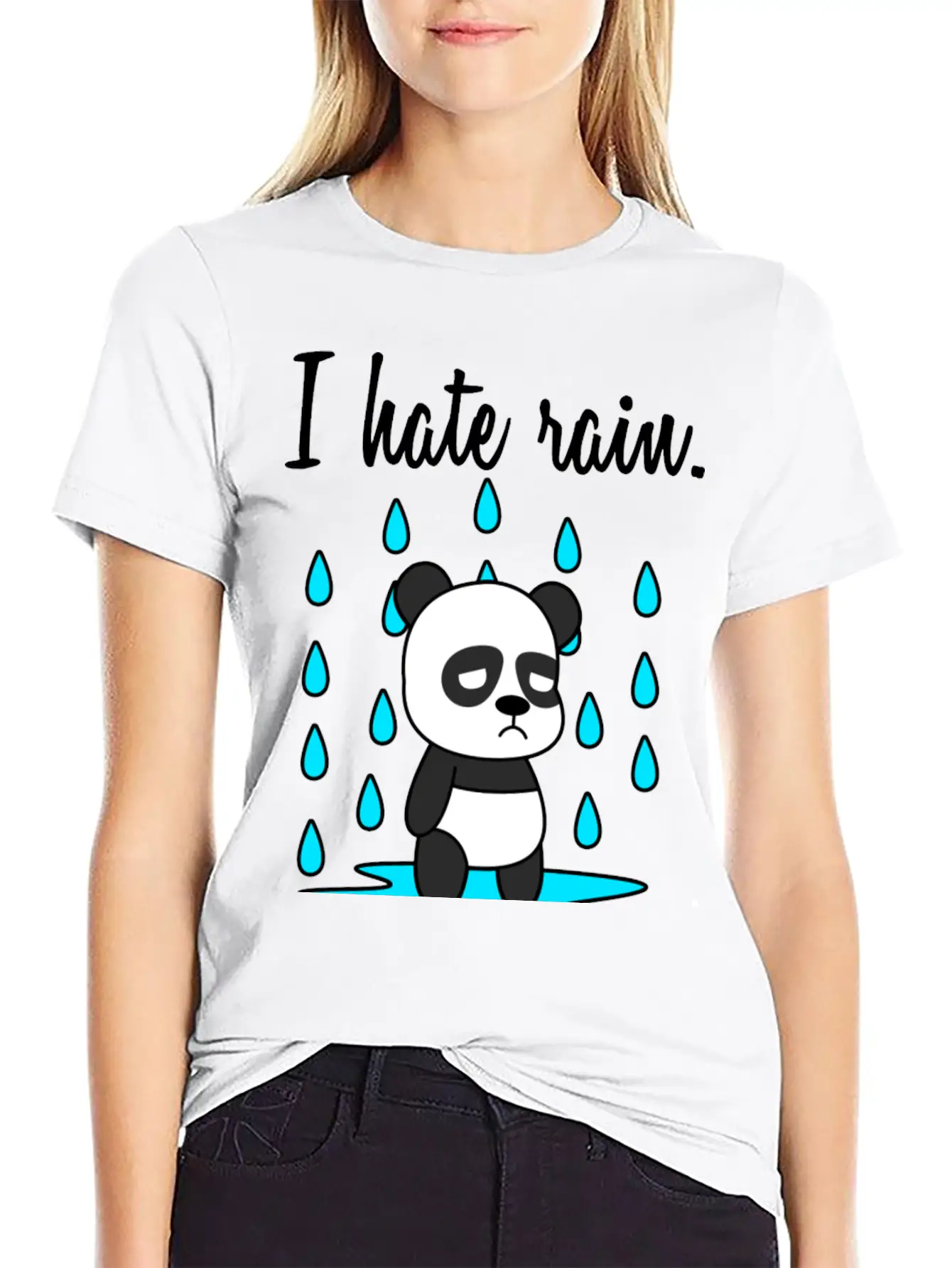 I Hate Rain. Panda Unisex Short Sleeve Soft Cotton T-Shirt – Casual Everyday Wear