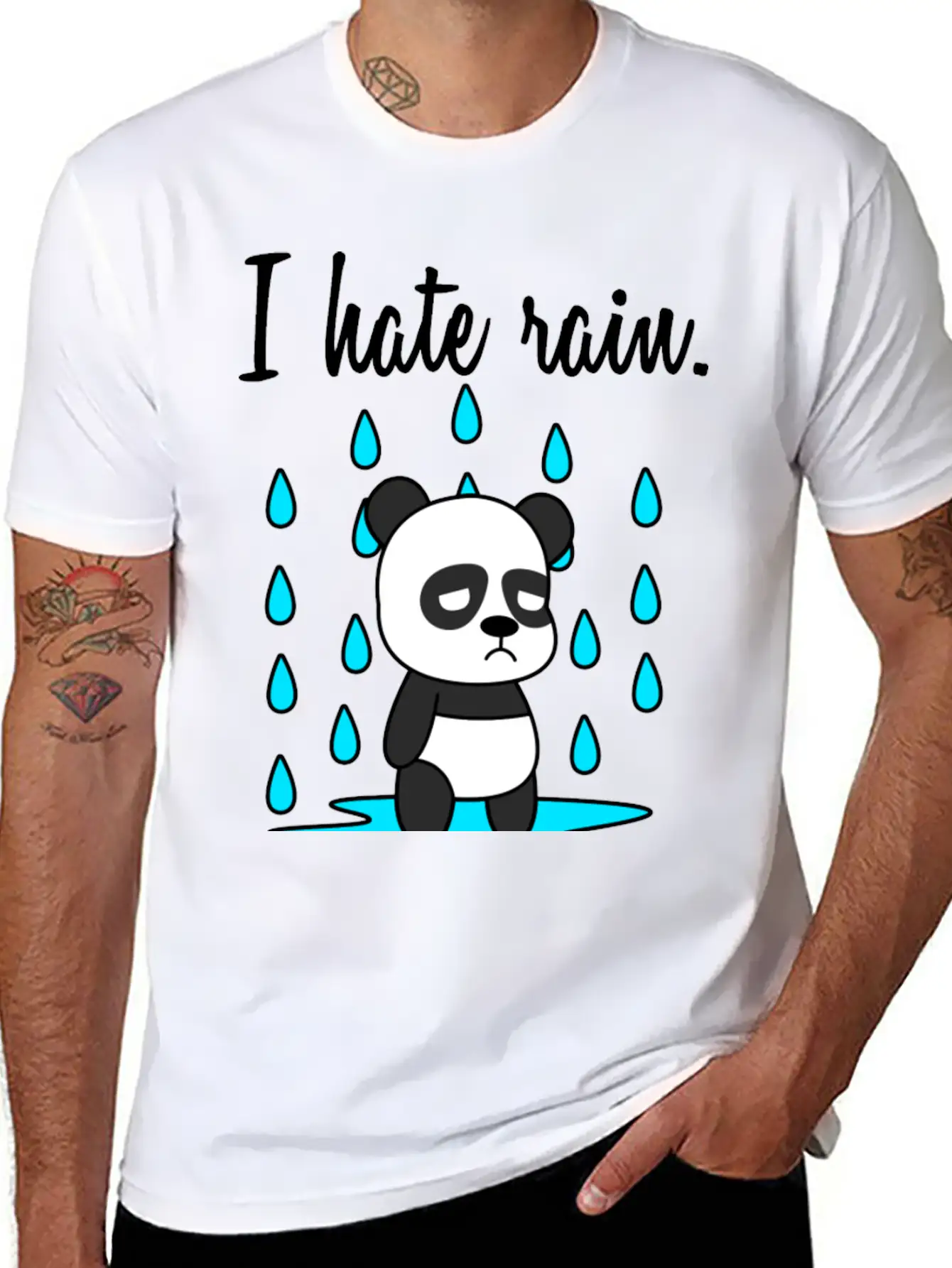 I Hate Rain. Panda Unisex Short Sleeve Soft Cotton T-Shirt – Casual Everyday Wear