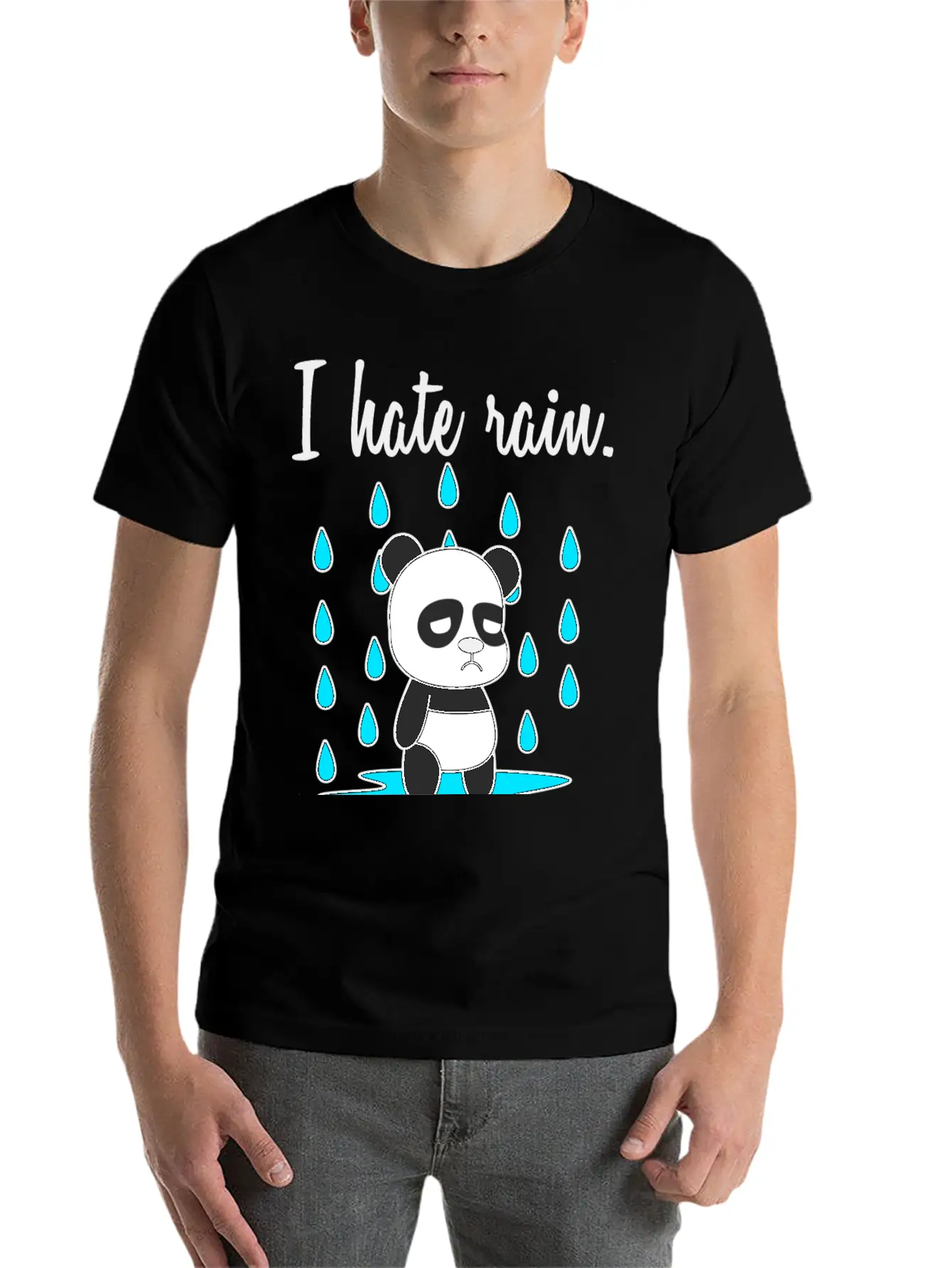 I Hate Rain. Panda Unisex Short Sleeve Soft Cotton T-Shirt – Casual Everyday Wear