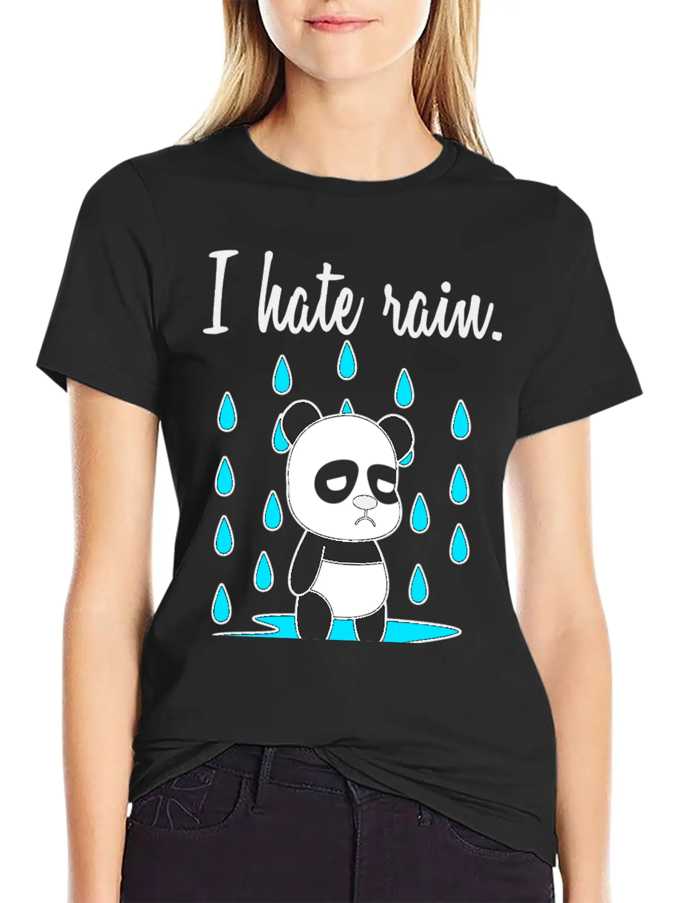 I Hate Rain. Panda Unisex Short Sleeve Soft Cotton T-Shirt – Casual Everyday Wear