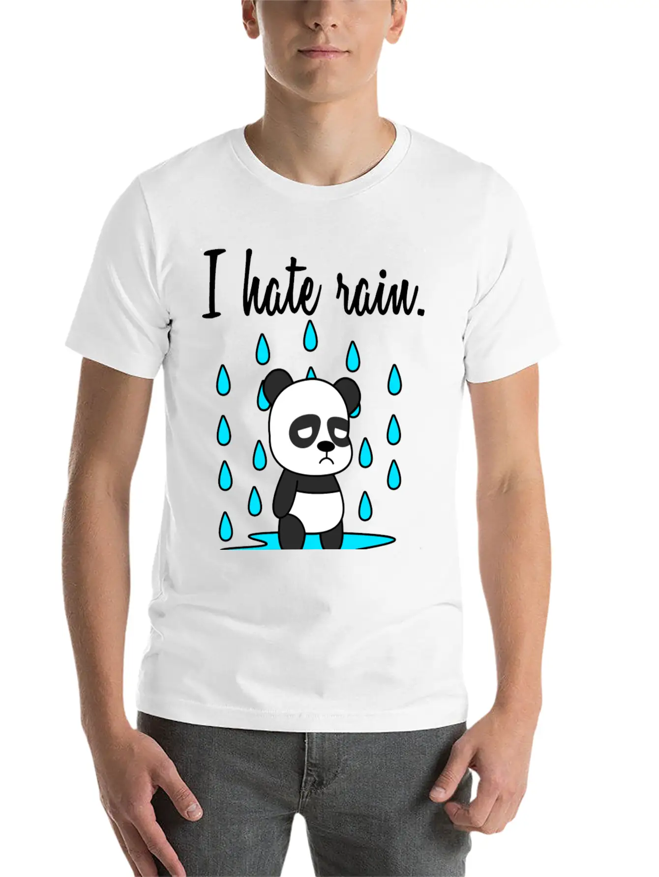 I Hate Rain. Panda Unisex Short Sleeve Soft Cotton T-Shirt – Casual Everyday Wear