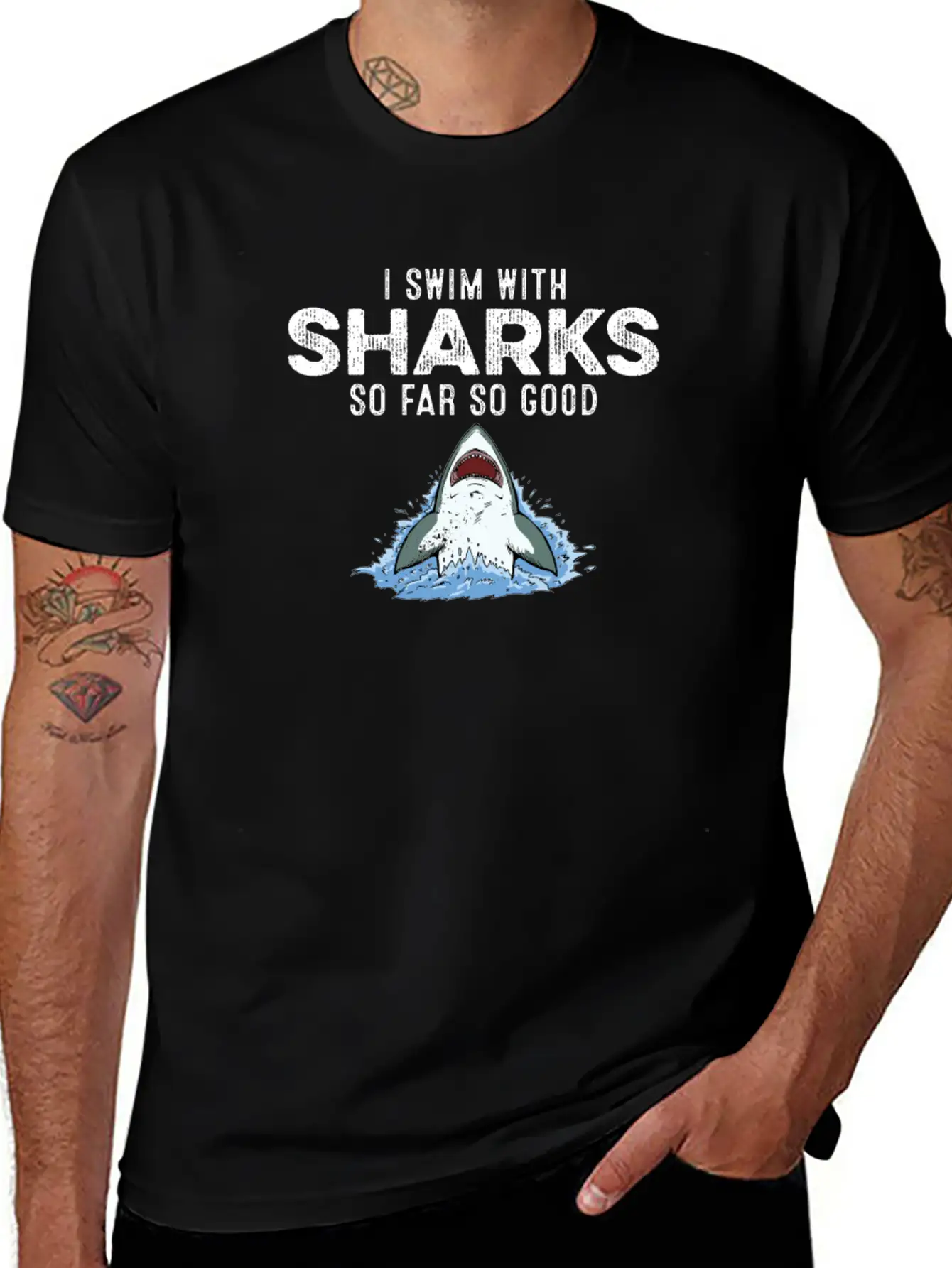 I Swim With Sharks So Far So Good Funny Humor Joke Unisex Short Sleeve Soft Cotton T-Shirt – Casual Everyday Wear