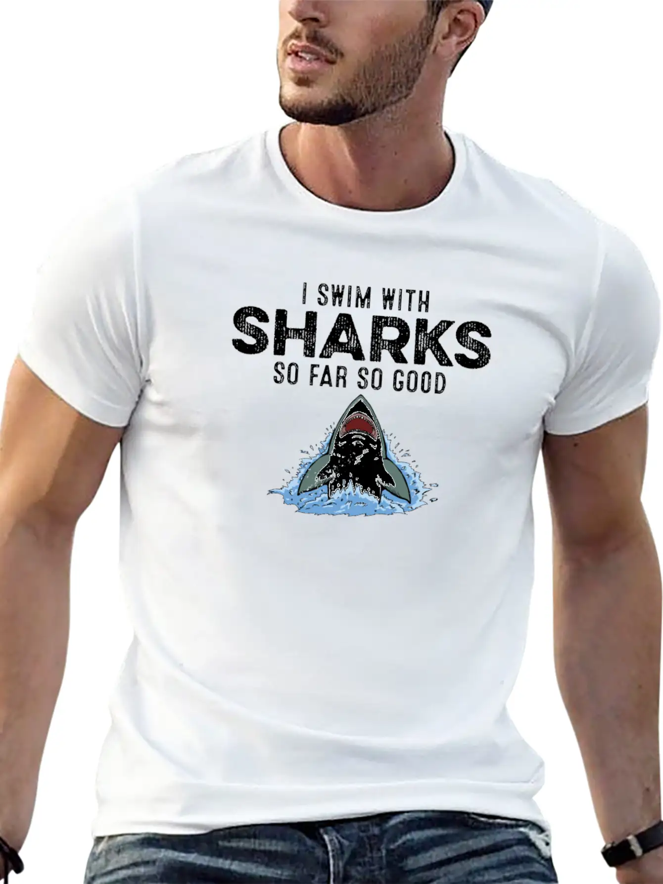 I Swim With Sharks So Far So Good Funny Humor Joke Unisex Short Sleeve Soft Cotton T-Shirt – Casual Everyday Wear