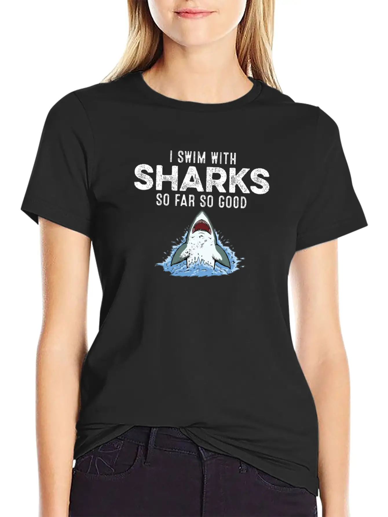 I Swim With Sharks So Far So Good Funny Humor Joke Unisex Short Sleeve Soft Cotton T-Shirt – Casual Everyday Wear
