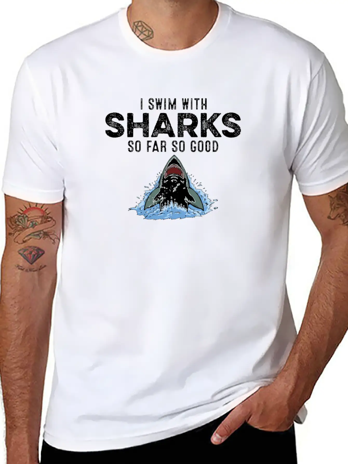 I Swim With Sharks So Far So Good Funny Humor Joke Unisex Short Sleeve Soft Cotton T-Shirt – Casual Everyday Wear