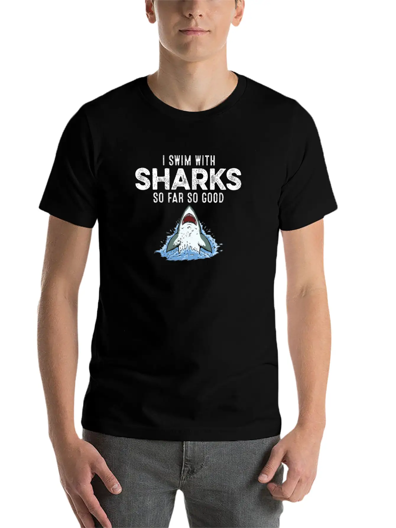 I Swim With Sharks So Far So Good Funny Humor Joke Unisex Short Sleeve Soft Cotton T-Shirt – Casual Everyday Wear