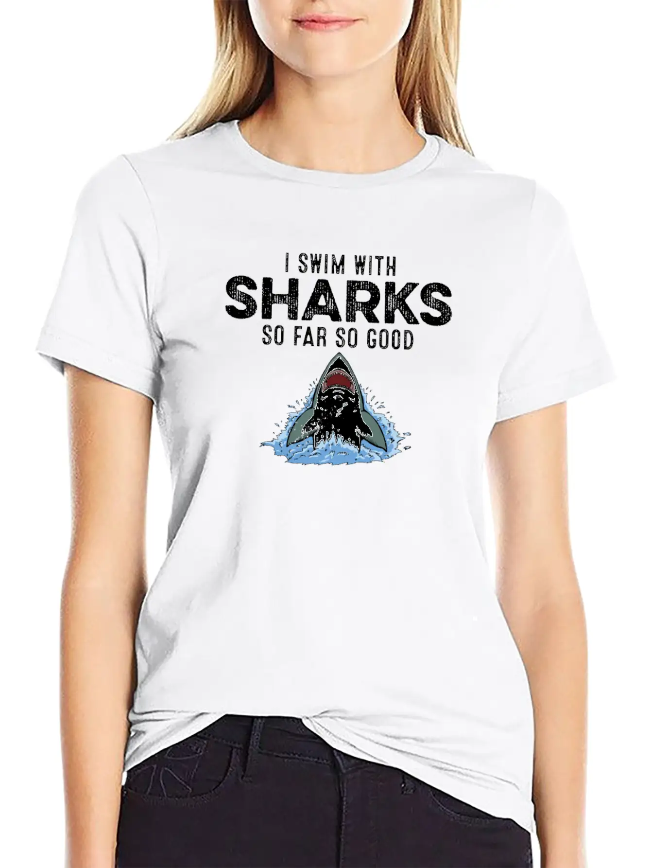 I Swim With Sharks So Far So Good Funny Humor Joke Unisex Short Sleeve Soft Cotton T-Shirt – Casual Everyday Wear