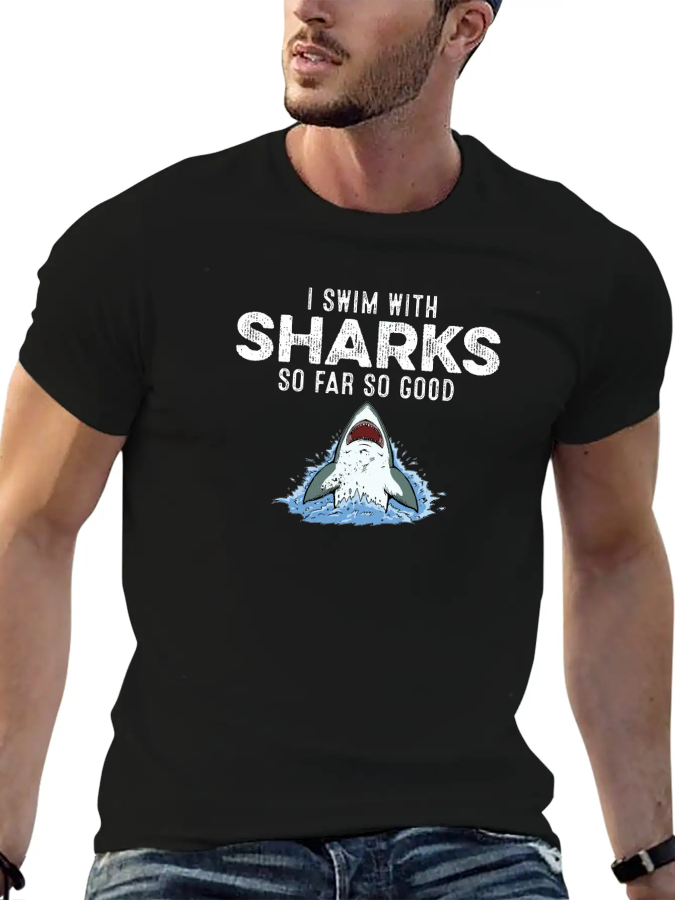 I Swim With Sharks So Far So Good Funny Humor Joke Unisex Short Sleeve Soft Cotton T-Shirt – Casual Everyday Wear