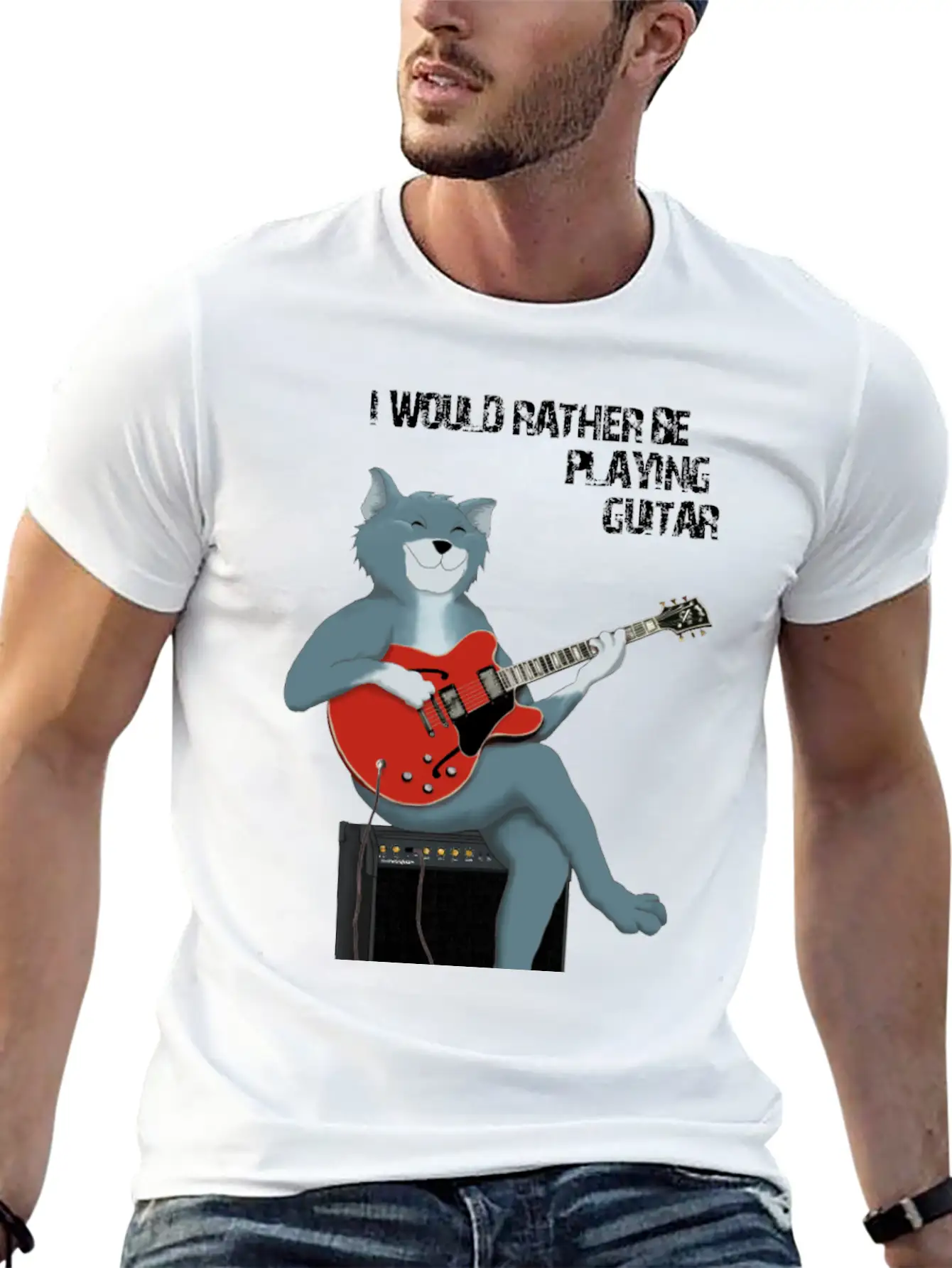 I WOULD RATHER BE PLAYING GUITAR - CAT Unisex Short Sleeve Soft Cotton T-Shirt – Casual Everyday Wear