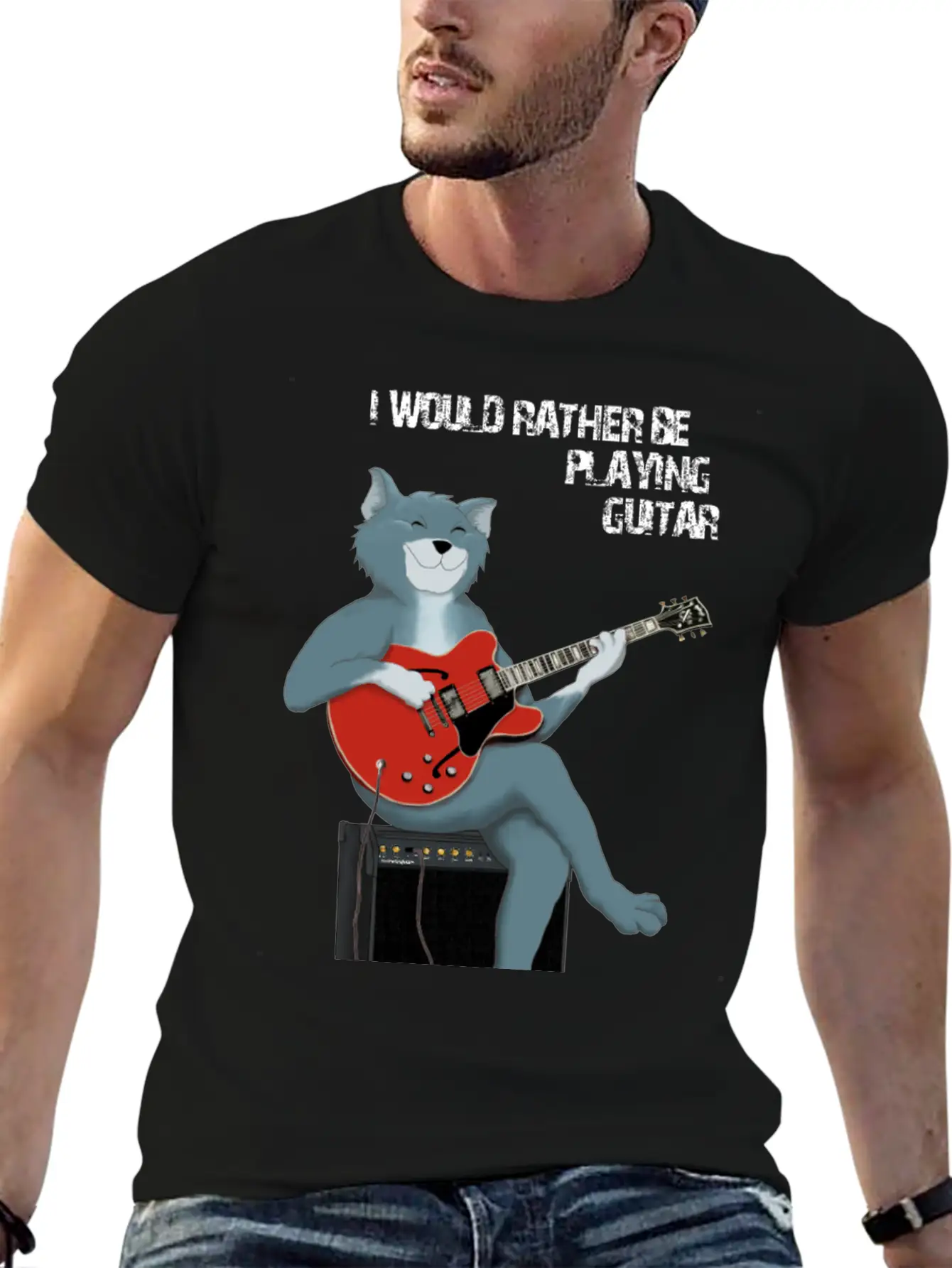 I WOULD RATHER BE PLAYING GUITAR - CAT Unisex Short Sleeve Soft Cotton T-Shirt – Casual Everyday Wear