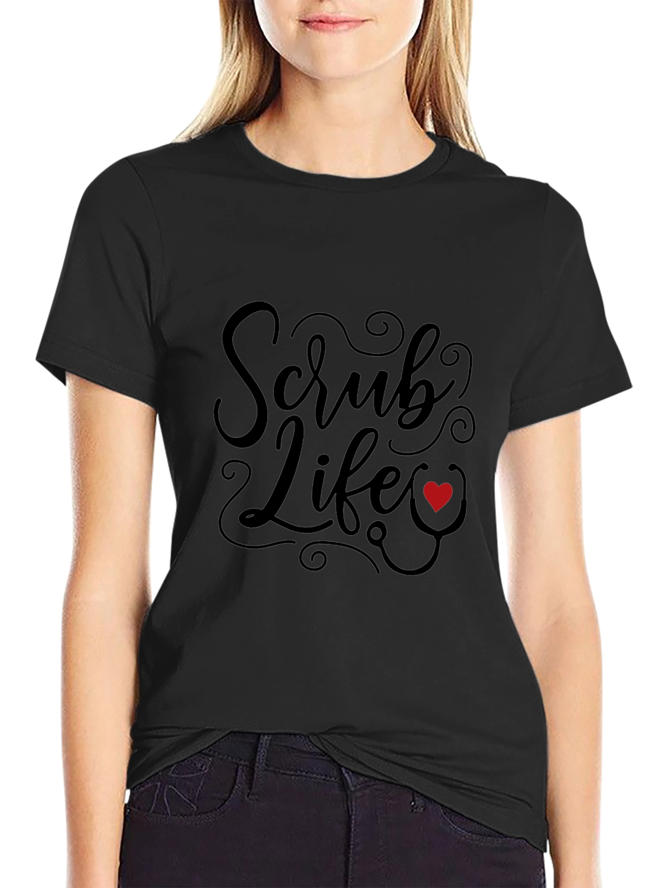 Scrub Life Black T-Shirt with Red Heart