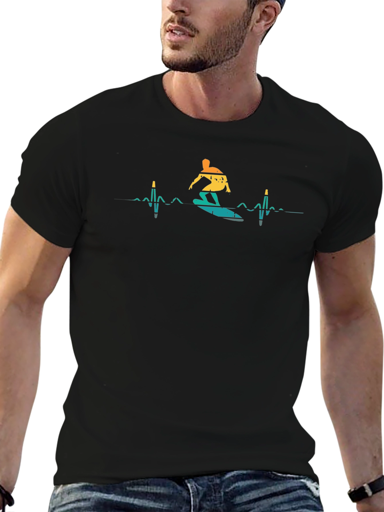 Surfer Heartbeat T-Shirt - Black Graphic Tee